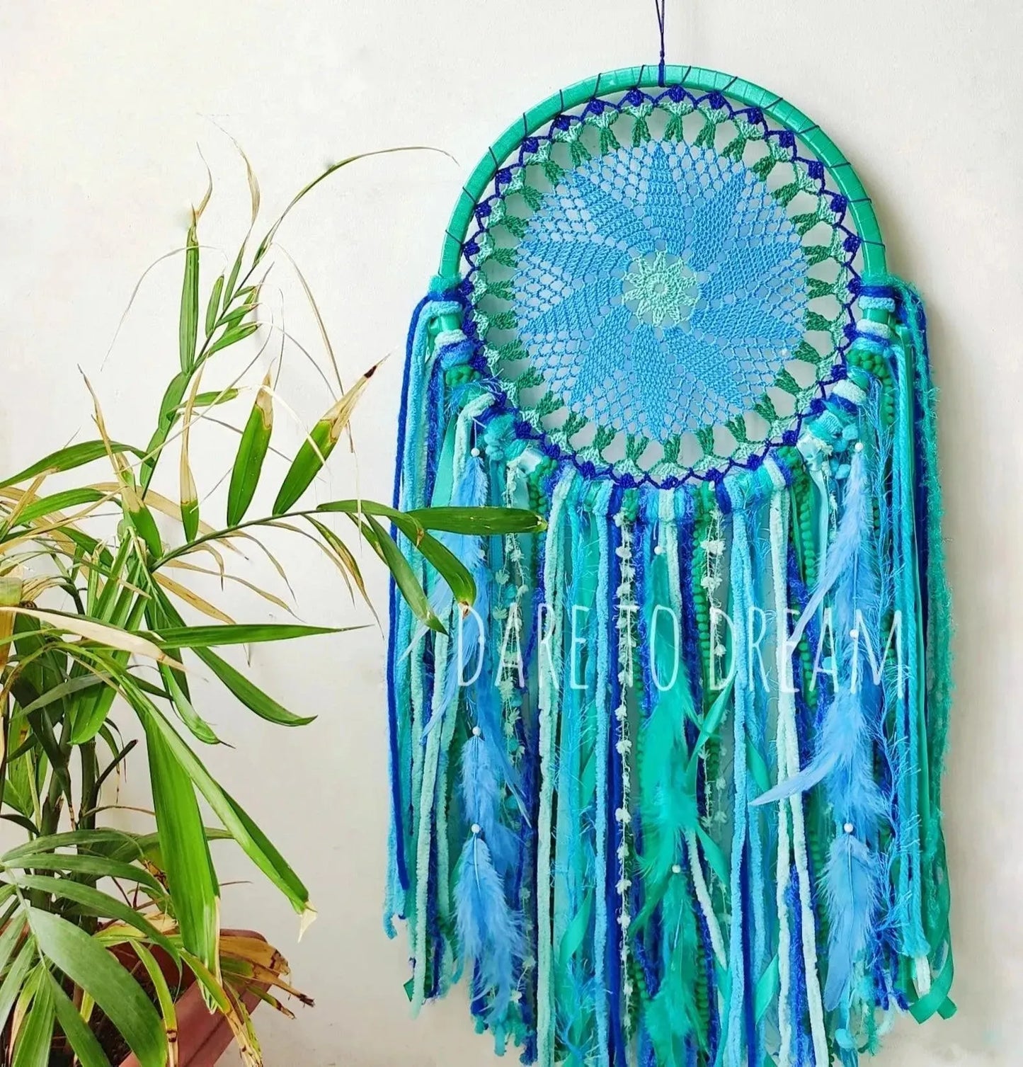 12" Blue crochet Dreamcatcher - Dare To Dream