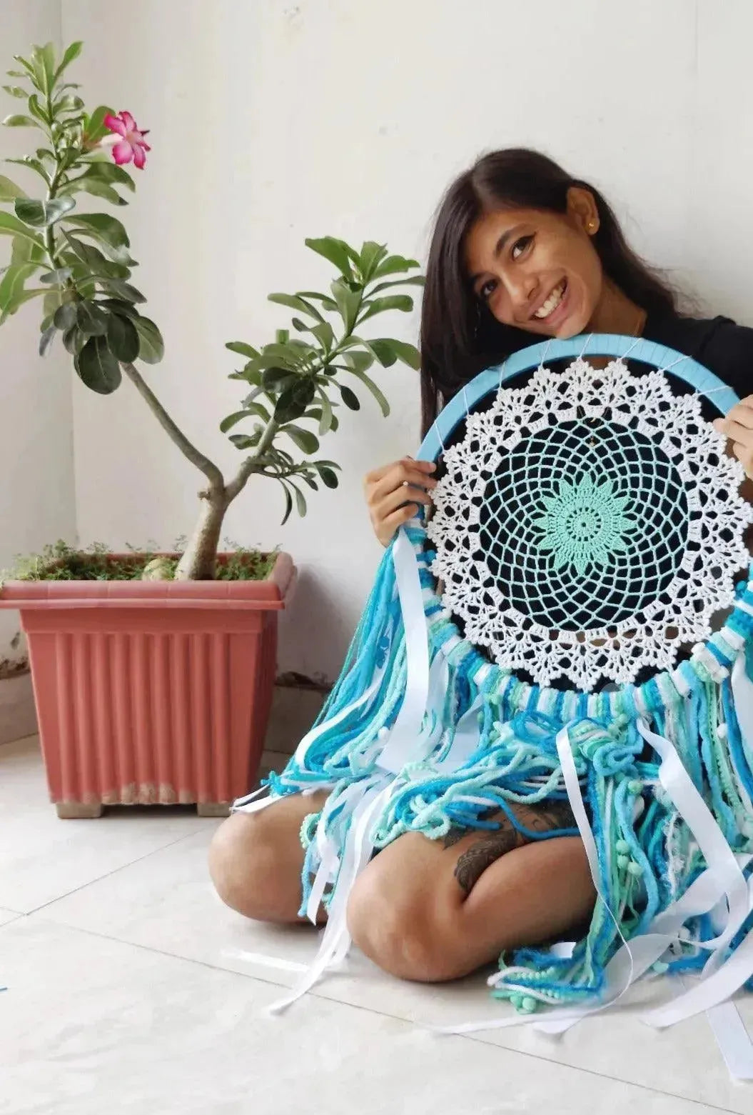 16" Blue mandala crochet dreamcatcher - Dare To Dream