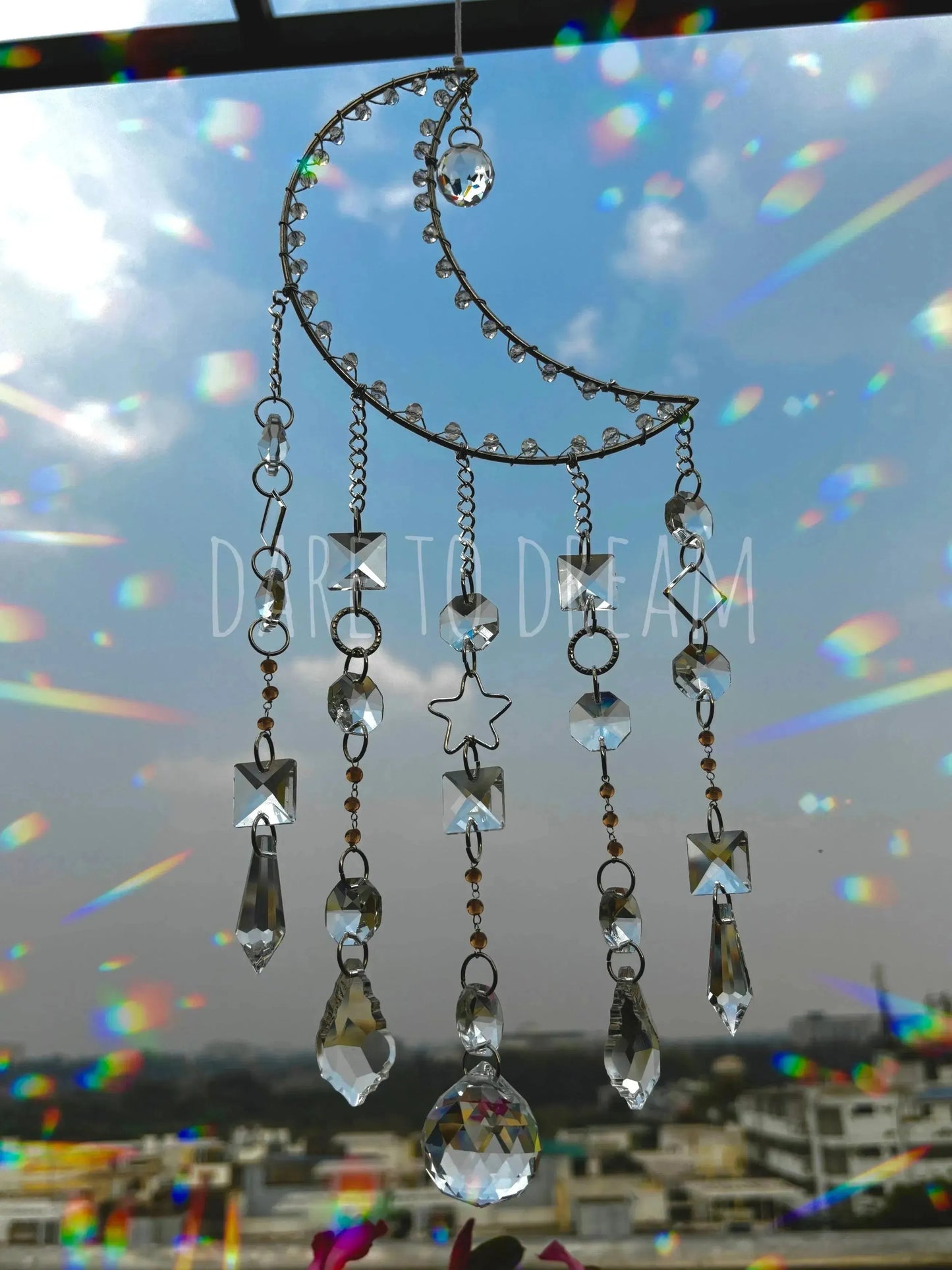 Silver Moon Crystal Suncatcher ( 5 lines of crystals ) - Dare To Dream