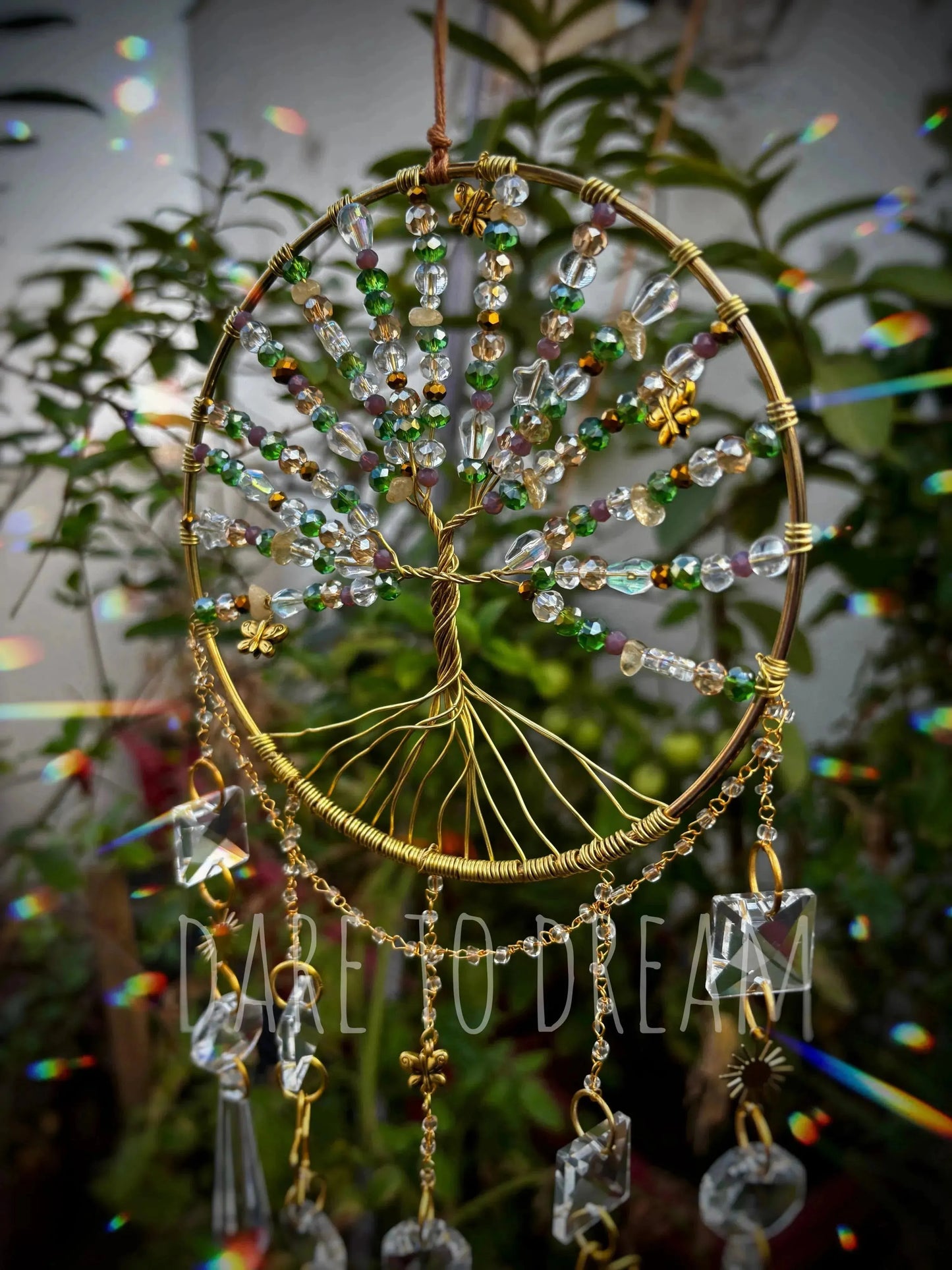 Tree of life Suncatcher - Boho Green ( 5 lines of crystals ) - Dare To Dream