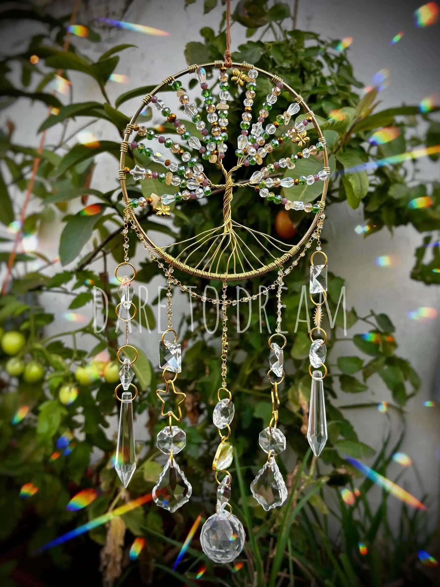 Tree of life Suncatcher - Boho Green ( 5 lines of crystals ) - Dare To Dream