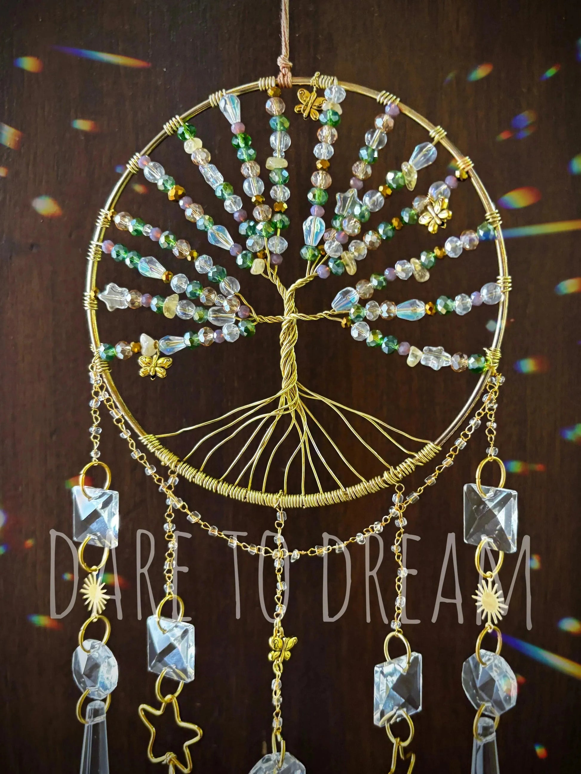 Tree of life Suncatcher - Boho Green ( 5 lines of crystals ) - Dare To Dream